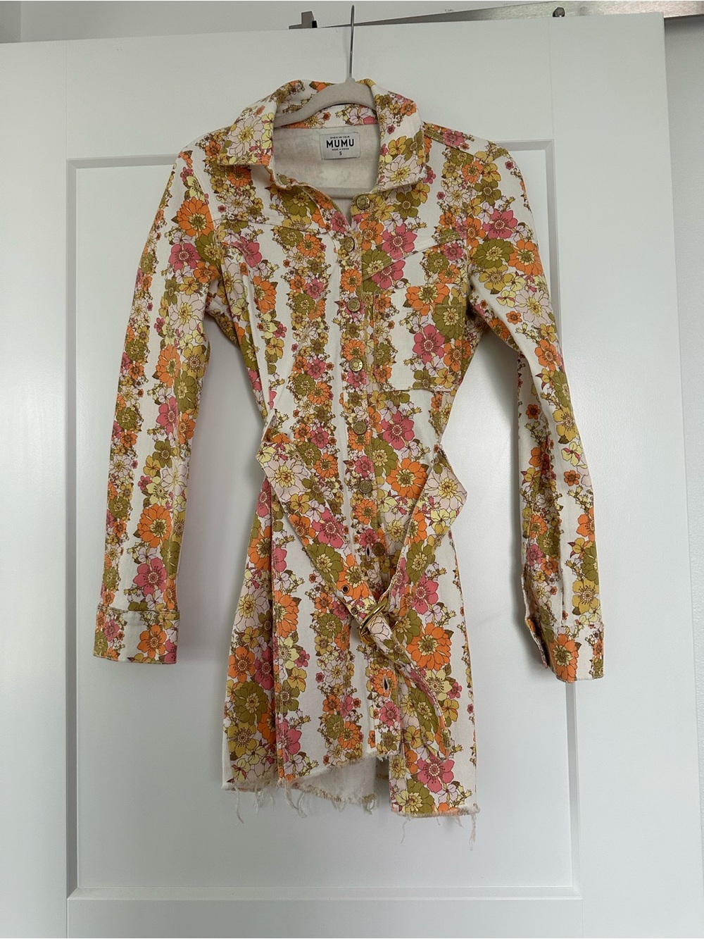 Show Me Your Mumu Floral Belted Shirt Jacket in Cream with Pink & Orange Flowers